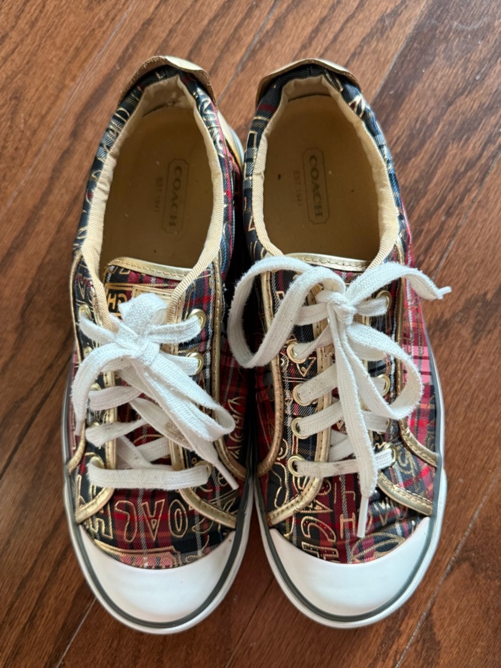 COACH Women’s Red Plaid Logo Canvas Sneakers